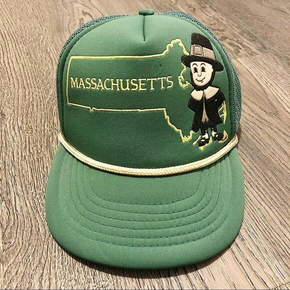Vintage Snapback Rope Hat Cap Trucker Massachusetts State Pilgrim Green Mesh - Picture 1 of 5